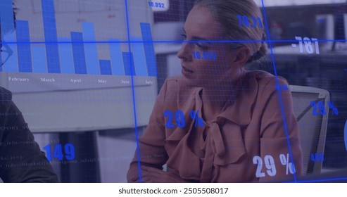 Image of financial data processing over diverse business people in office. Global finance, business, connections, computing and data processing concept digitally generated image.