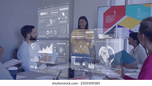 Image of financial data processing over diverse business people in office. Global finance, business, connections, computing and data processing concept digitally generated image.
