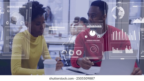 Image of financial data processing over diverse business people in office. Global finance, business, connections, computing and data processing concept digitally generated image.