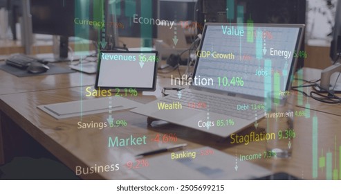 Image of financial data processing over laptop and tablet on desk at office. Work, connection, business, data, digital interface and communication, digitally generated image.