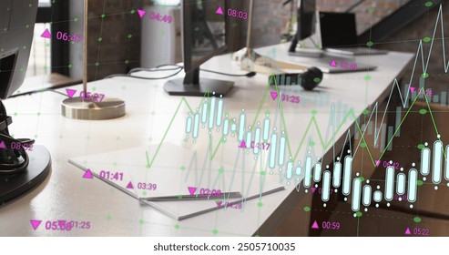 Image of financial data processing over office desk. Global finance, business, connections, computing and data processing concept digitally generated image. - Powered by Shutterstock - Get 15% off with code: PIKWIZARD15