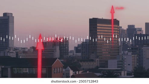 Image of financial data processing over cityscape. Global finance, business, connections, computing and data processing concept digitally generated image.