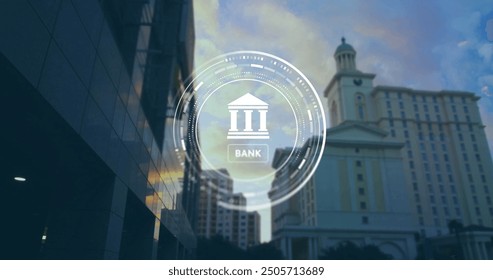 Image of financial data processing over cityscape. Global finance, business, connections, computing and data processing concept digitally generated image.