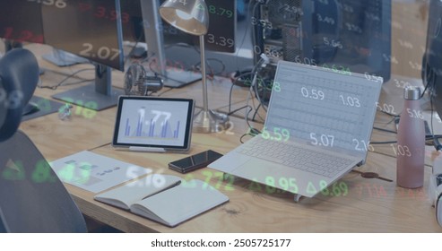 Image of financial data processing over computer on office desk. Global finance, business, connections, computing and data processing concept digitally generated image.
