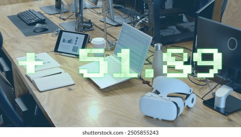 Image of financial data processing over computer on office desk. Global finance, business, connections, computing and data processing concept digitally generated image.
