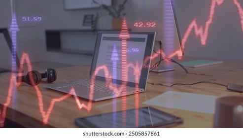 Image of financial data processing over computer on office desk. Global finance, business, connections, computing and data processing concept digitally generated image.
