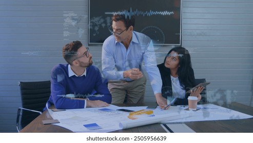 Image of financial data processing over diverse business people in office. Global finance, business, connections, computing and data processing concept digitally generated image.