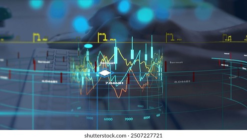 Image of financial data processing over biracial woman using computer. Global finance, business, connections, computing and data processing concept digitally generated image.