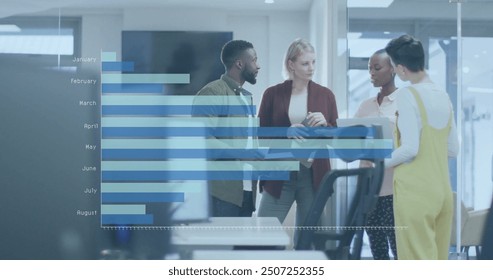 Image of financial data processing over diverse business people in office. Global finance, business, connections, computing and data processing concept digitally generated image.