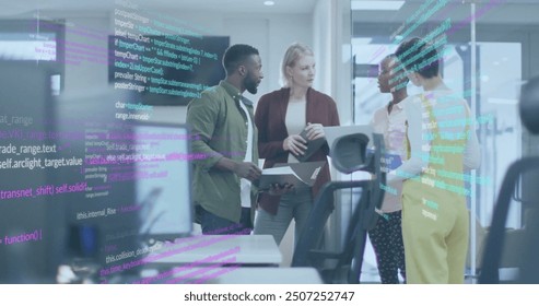 Image of financial data processing over diverse business people in office. Global finance, business, connections, computing and data processing concept digitally generated image.