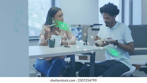 Image of financial data processing over diverse business people in office. Global finance, business, connections, computing and data processing concept digitally generated image.