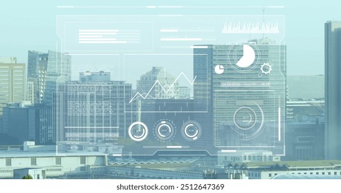 Image of financial data processing over cityscape. Global finance, business, connections, computing and data processing concept digitally generated image.