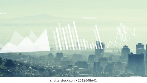 Image of financial data processing over cityscape. Global finance, business, connections, computing and data processing concept digitally generated image.