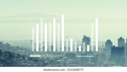Image of financial data processing over cityscape. Global finance, business, connections, computing and data processing concept digitally generated image.