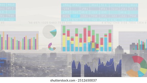Image of financial data processing over cityscape. Global finance, business, connections, computing and data processing concept digitally generated image.