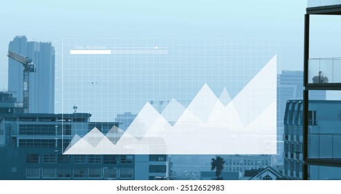 Image of financial data processing over cityscape. Global finance, business, connections, computing and data processing concept digitally generated image.
