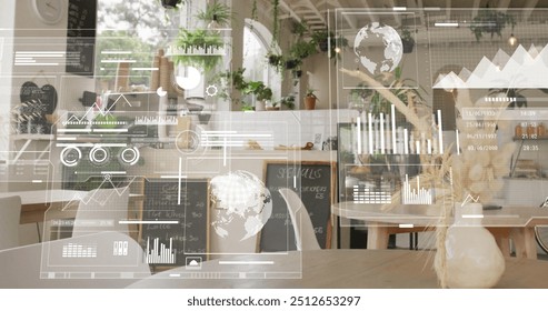 Image of financial data processing over restaurant interiors. Global finance, business, connections, computing and data processing concept digitally generated image.