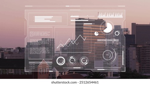 Image of financial data processing over cityscape. Global finance, business, connections, computing and data processing concept digitally generated image.