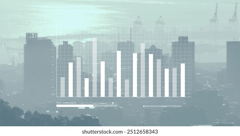 Image of financial data processing over cityscape. Global finance, business, connections, computing and data processing concept digitally generated image.
