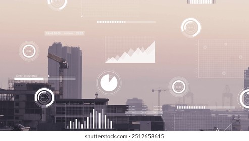 Image of financial data processing over cityscape. Global finance, business, connections, computing and data processing concept digitally generated image.