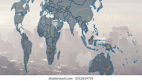 Image of financial data processing over world map and cityscape. Global finance, business, connections, computing and data processing concept digitally generated image.