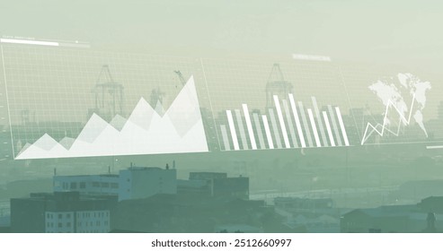 Image of financial data processing over cityscape. Global finance, business, connections, computing and data processing concept digitally generated image.