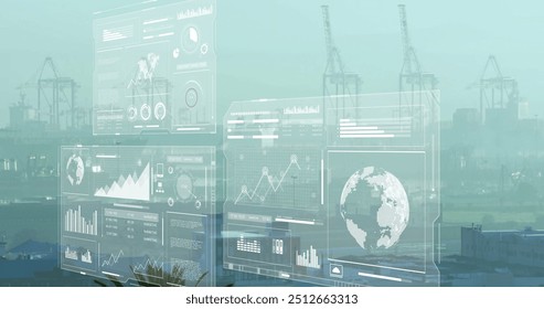 Image of financial data processing over cityscape. Global finance, business, connections, computing and data processing concept digitally generated image.