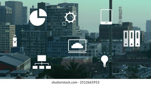 Image of financial data processing over cityscape. Global finance, business, connections, computing and data processing concept digitally generated image.