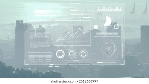 Image of financial data processing over cityscape. Global finance, business, connections, computing and data processing concept digitally generated image.