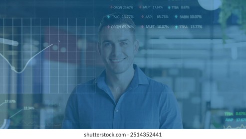 Image of financial data processing over caucasian businessman in office. Global finance, business, connections, computing and data processing concept digitally generated image.