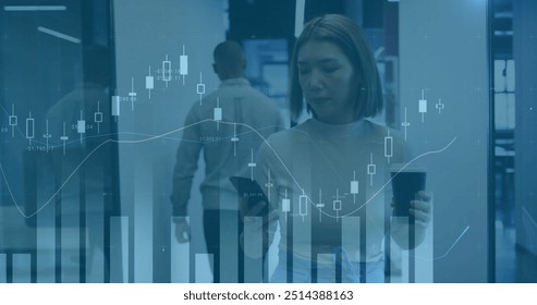 Image of financial data processing over caucasian businesswoman in office. Global finance, business, connections, computing and data processing concept digitally generated image.