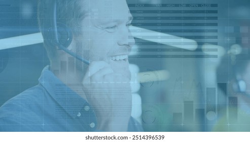Image of financial data processing over caucasian businessman in office. Global finance, business, connections, computing and data processing concept digitally generated image.