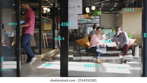 Image of financial data processing over diverse business people in office. Global finance, business, connections, computing and data processing concept digitally generated image.