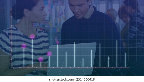 Image of financial data processing over diverse colleagues discussing work in office. Global business, finances, computing and digital interface concept digitally generated image.