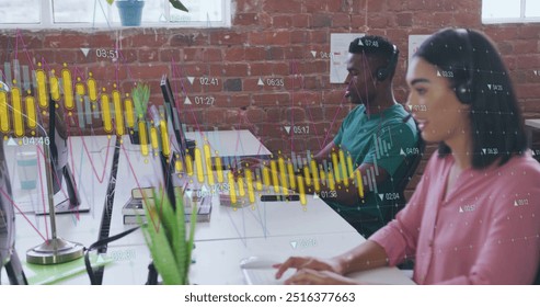 Image of financial data processing over diverse business people in office. Global finance, business, connections, computing and data processing concept digitally generated image.