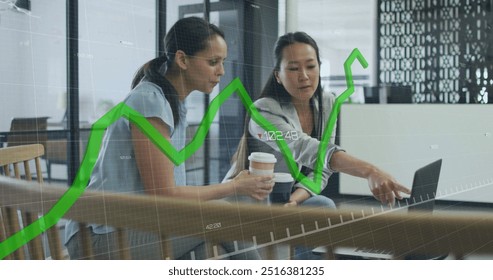 Image of financial data processing over diverse business people in office. Global finance, business, connections, computing and data processing concept digitally generated image.