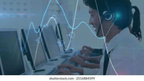 Image of financial data processing over asian businessman using phone headset and computer. Global business, finances, communication and digital interface concept digitally generated image.