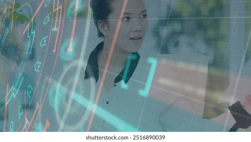 Image of financial data processing over asian businesswoman using computer. Global business, finances, communication and digital interface concept digitally generated image. - Powered by Shutterstock - Get 15% off with code: PIKWIZARD15