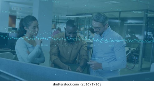 Image of financial data processing over diverse business people using laptop. Global finance, business, connections, computing and data processing concept digitally generated image.