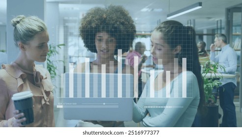 Image of financial data processing over diverse colleagues discussing work in office. Global business, finances, computing and digital interface concept digitally generated image.
