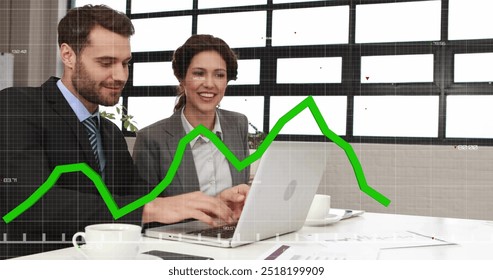 Image of financial data processing over diverse businesspeople in office. Global finance, business, connections, computing and data processing concept digitally generated image.