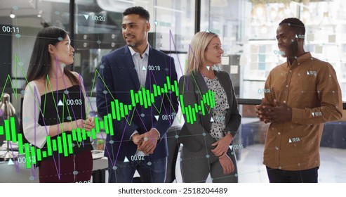 Image of financial data processing over diverse businesspeople in office. Global finance, business, connections, computing and data processing concept digitally generated image.