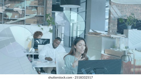 Image of financial data processing over biracial businesswoman in office. Global finance, business, connections, computing and data processing concept digitally generated image.