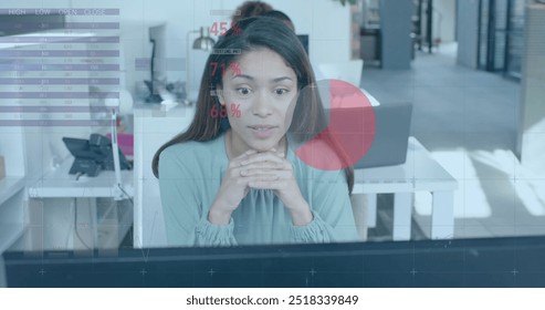 Image of financial data processing over biracial businesswoman in office. Global finance, business, connections, computing and data processing concept digitally generated image.