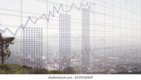 Image of financial data processing over city. Global finance, business, connections, computing and data processing concept digitally generated image.