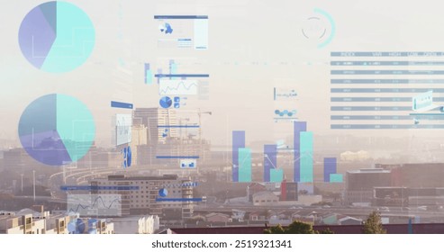 Image of financial data processing over city. Global finance, business, connections, computing and data processing concept digitally generated image.