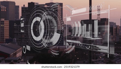 Image of financial data processing over city. Global finance, business, connections, computing and data processing concept digitally generated image.