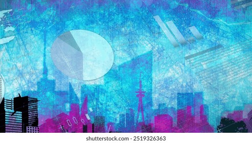Image of financial data processing over city. Global finance, business, connections, computing and data processing concept digitally generated image.