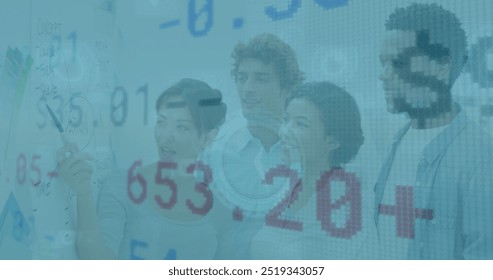 Image of financial data processing over diverse business people in office. Global finance, business, connections, computing and data processing concept digitally generated image.