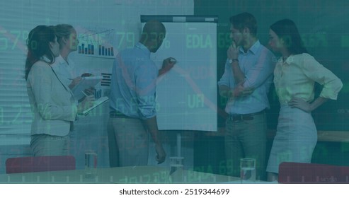 Image of financial data processing over diverse business people in office. Global finance, business, connections, computing and data processing concept digitally generated image.